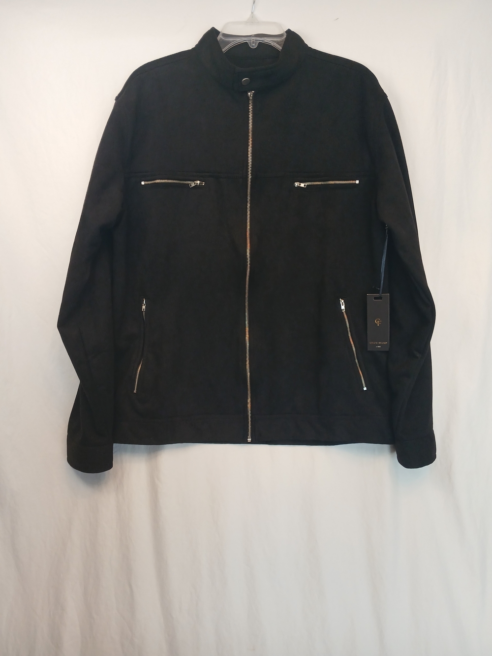 Black Faux Suede & Gold Zip Front Stand Collar Lightweight Jacket L New!